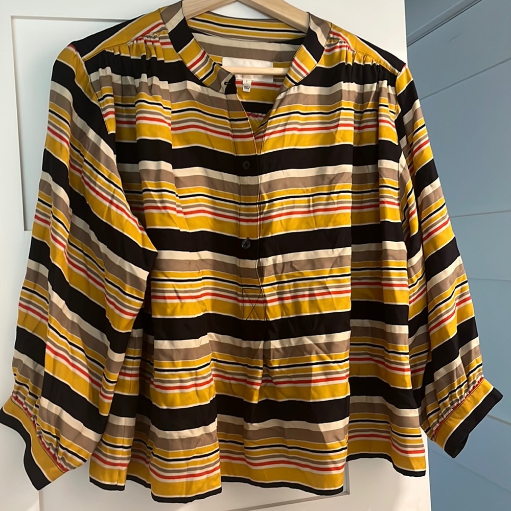 THE GREAT Silk Stripped Boxy 3/4 Cropped Top